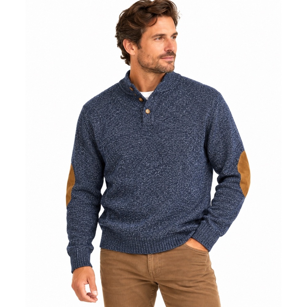Vintage Pendleton Men Wool Sweater Navy Suede Elbow Patch Henley USA Heritage
